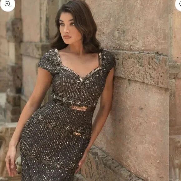 MAC DUGGAL 9089 CAP SLEEVE SWEETHEART NECKLINE BEADED CHARCOAL BROWN GOWN  sz 2‎ - Picture 2 of 10